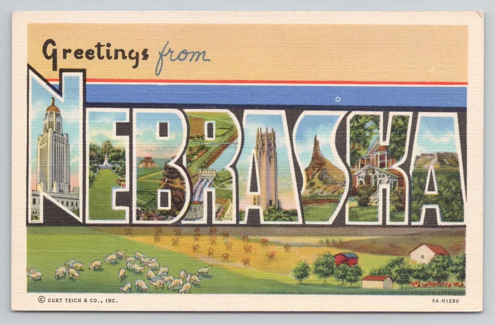 Greetings from Nebraska Multi View Large Letter Vintage Linen Postcard