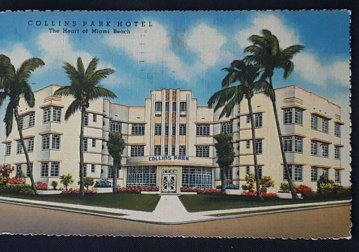 COLLINS PARK HOTEL MIAMI BEACH FLORIDA Vintage MCM Deco LINEN POSTCARD