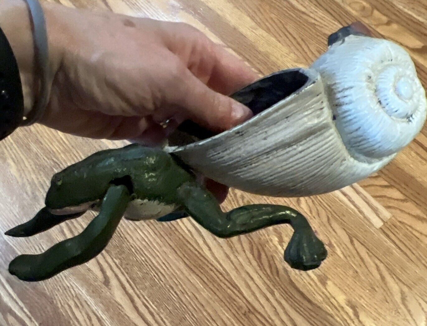Vintage Painted Cast Iron Frog Pulling Snail Shell Sculpture Figure Flower Pot