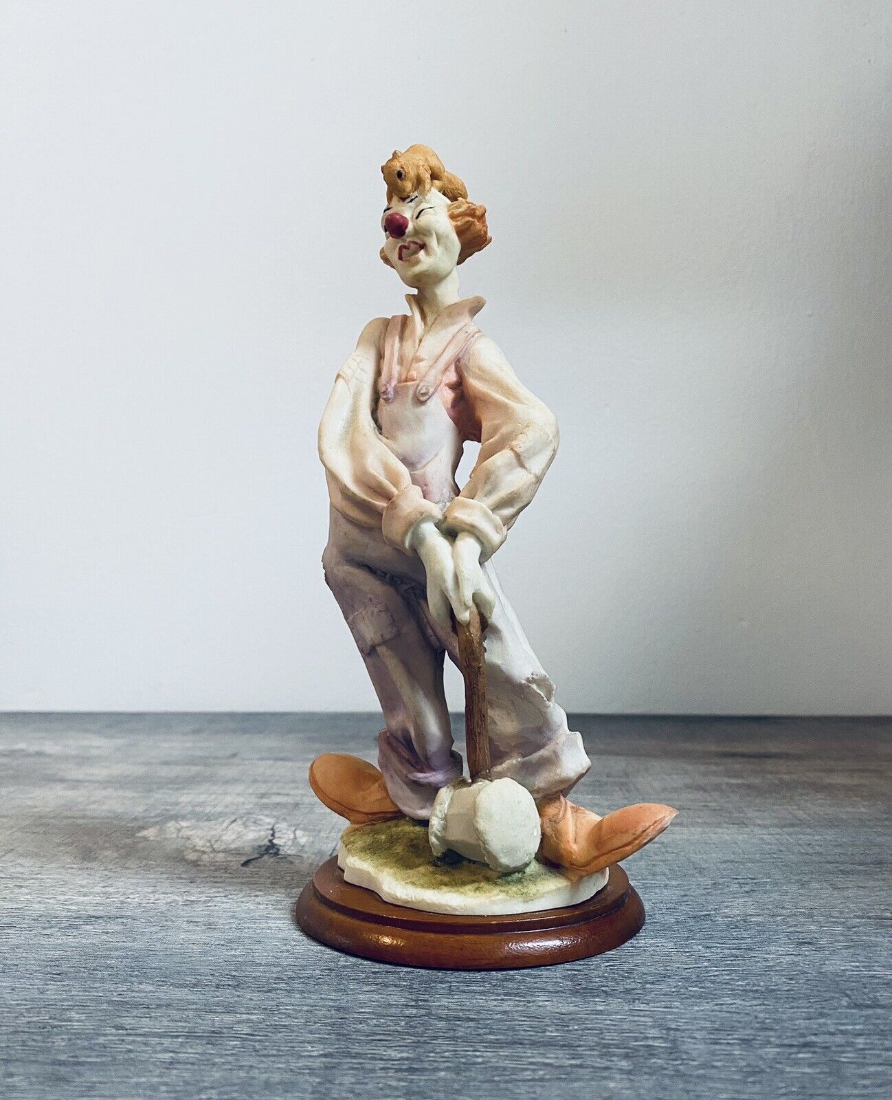 Vintage Bisque Porcelain Clown W/ Squirrel On His Head Figurine Wooden Base