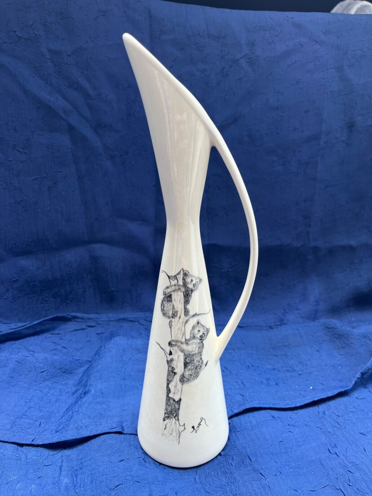 Alaskan white flower vase, hand-made of ceramic painted bear cubs in tree, Lang