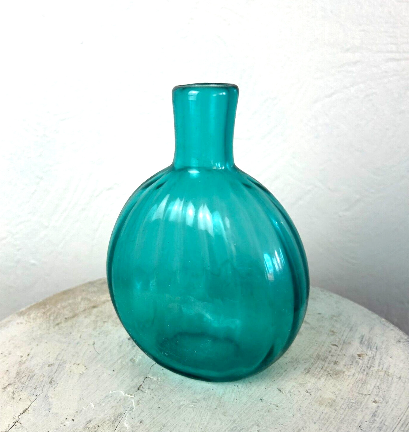 Vintage MMA Metropolitan Museum Art Glass Flask Ribbed Teal Authentic MCM Blue