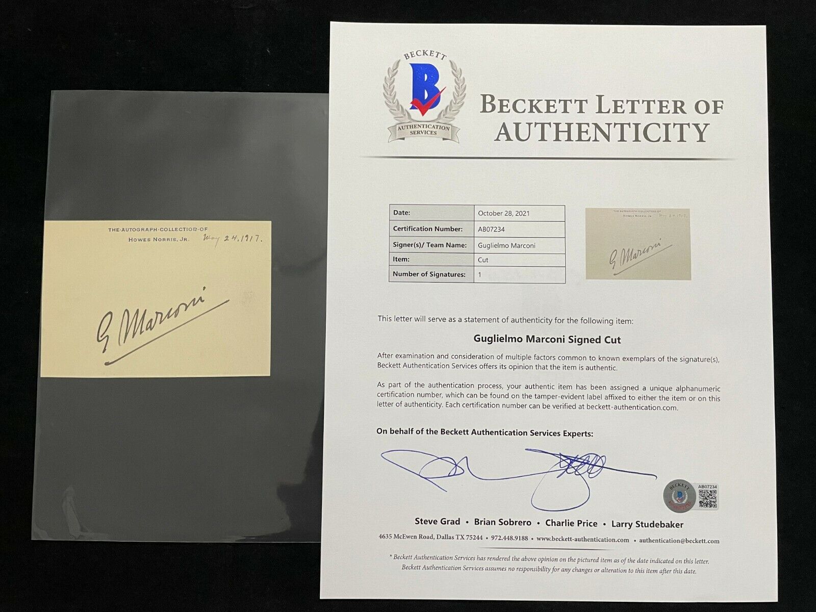 1917 Guglielmo Marconi Signed Autograph Collection Card BAS BECKETT LOA