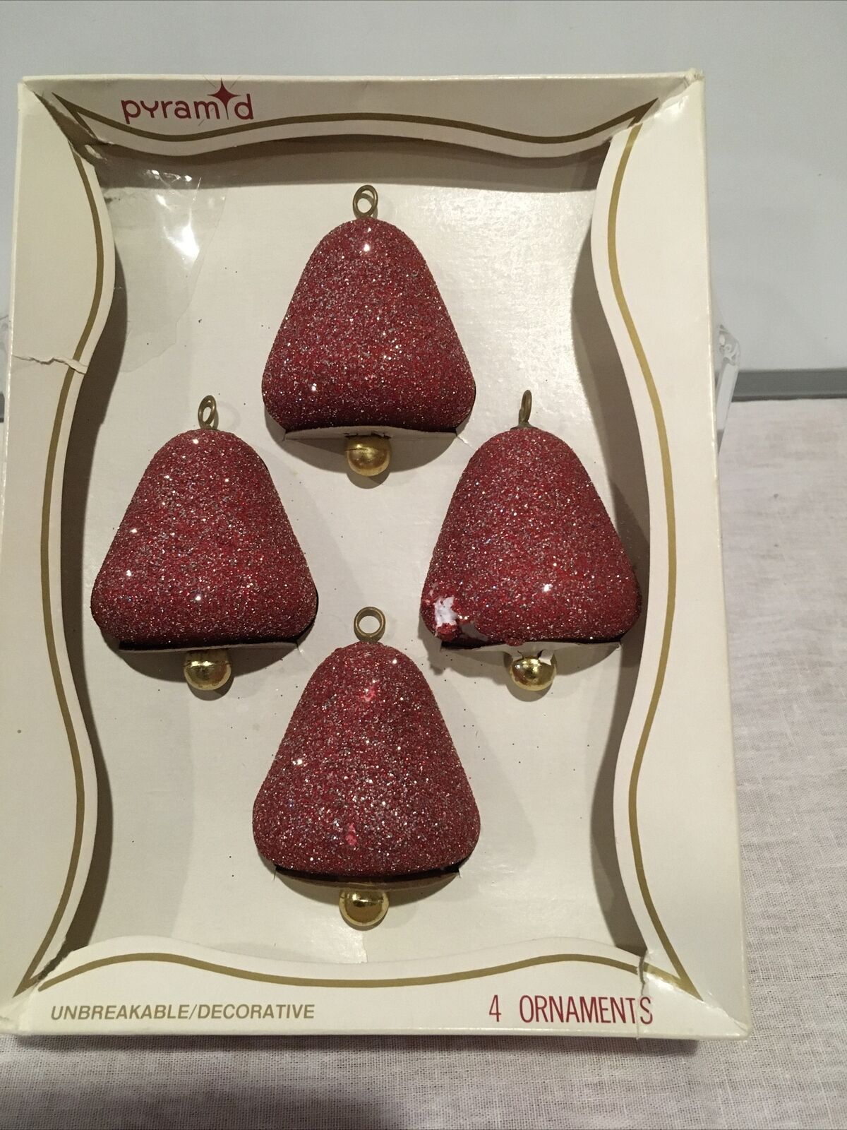Pyramid Rauch Christmas Ornaments Red Glitter 4 Bells Styrofoam MCM Box