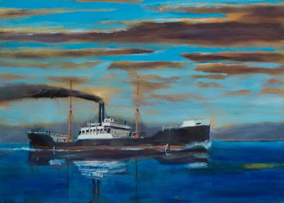 Original Oil Painting Steam Ship  Tramp Steamer  Freighter   American Artist