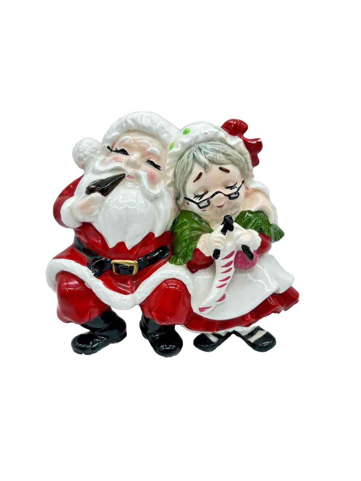 Vtg Hand Painted Ceramic Porcelain Christmas Santa & Mrs. Clause Shelf Sitters