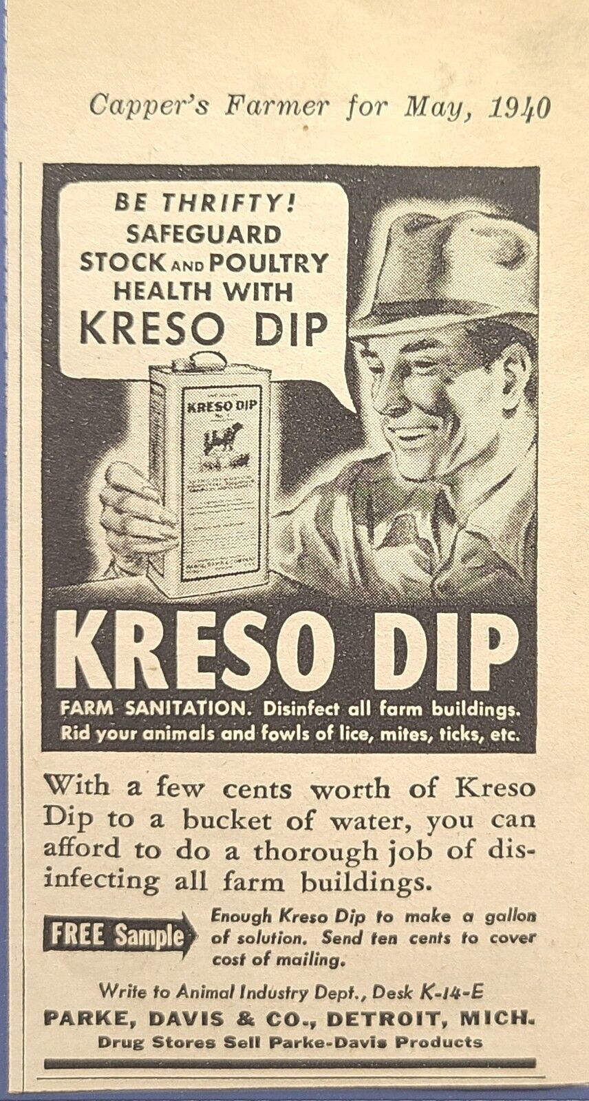 Kreso Dip Farm Barn Livestock Poultry Lice Mites Detroit Vintage Print Ad 1940