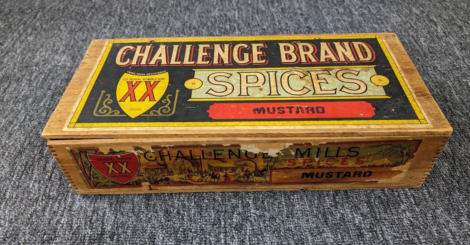ANTIQUE CHALLENGE MILLS SPICES MUSTARD WOOD DISPLAY BOX OLD