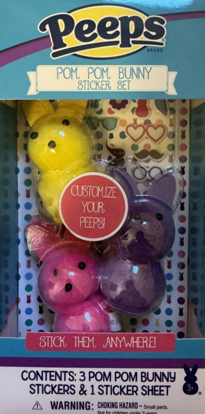 2024 Peeps Pom Pom Bunny Sticker Set - 3 Pom Pom Bunnies & Stickers - NEW