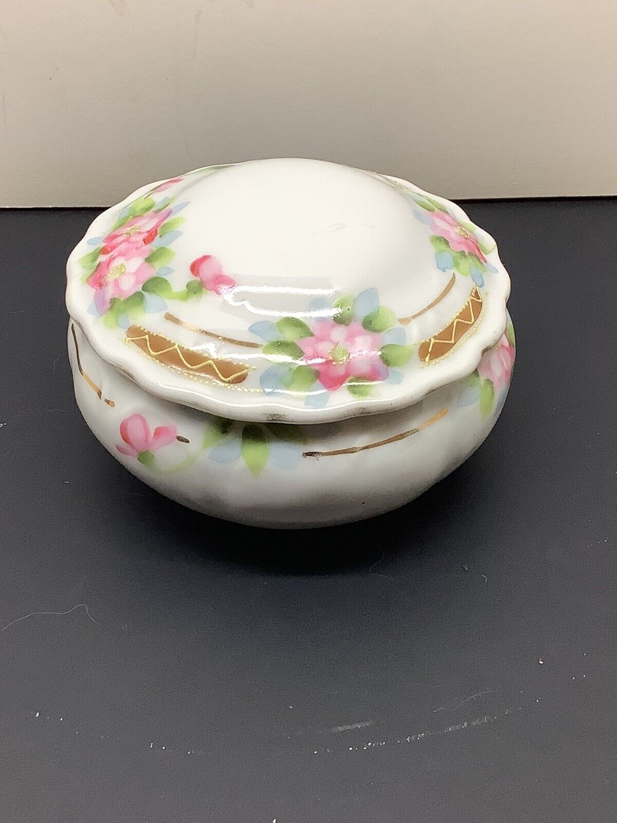 Vintage Nippon Porcelain Hand Painted Trinket Dish W/ Lid Raised Dot & Roses