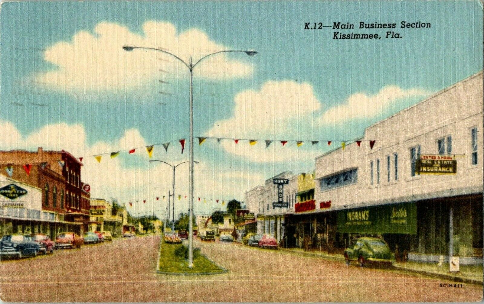 Postcard Main Street Vintage Cars Goodyear Hunt Brothers Kissimmee Florida A26