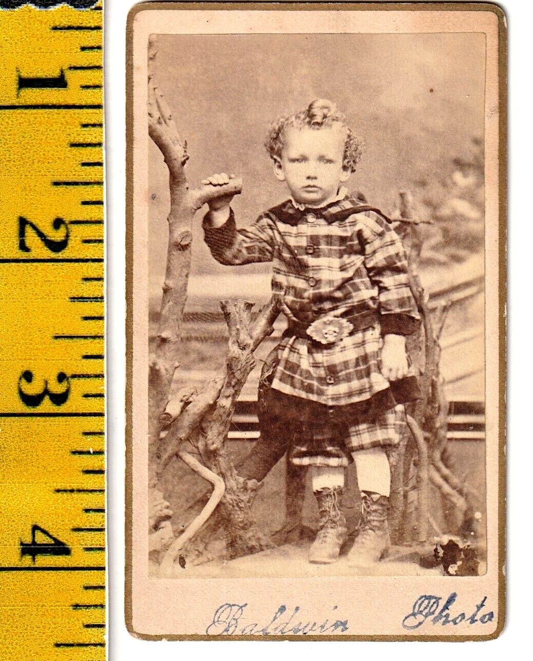 Vintage ca 1865 CDV Photo Depicting Small Child in Plaid Outfit, Baldwin Photo
