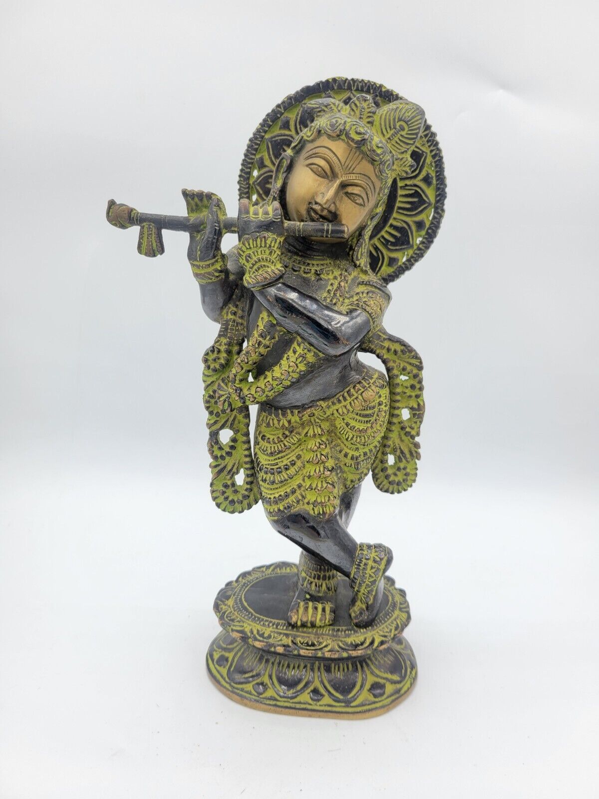Antique Metal India Lord Krishna with Flute Murti Statue Sculpture Figurine