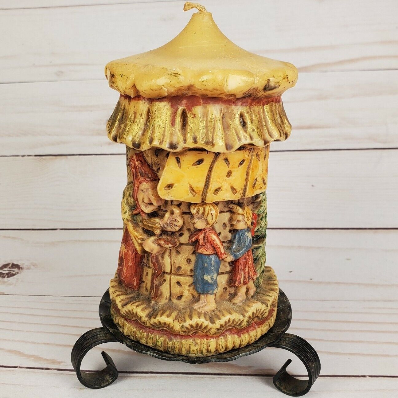 Vintage Hansel and Gretel bas relief Candle w/ Base Wonderful & Hard to Find