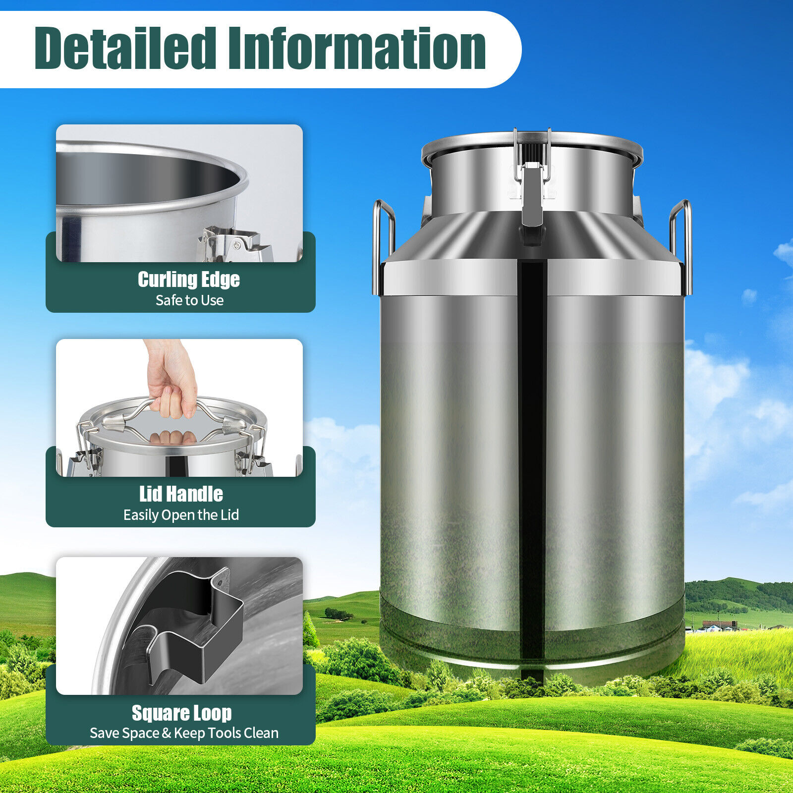 60L/16 Gallon 304 Stainless Steel Milk Can - Heavy Duty Milk Jug Milk Bucket