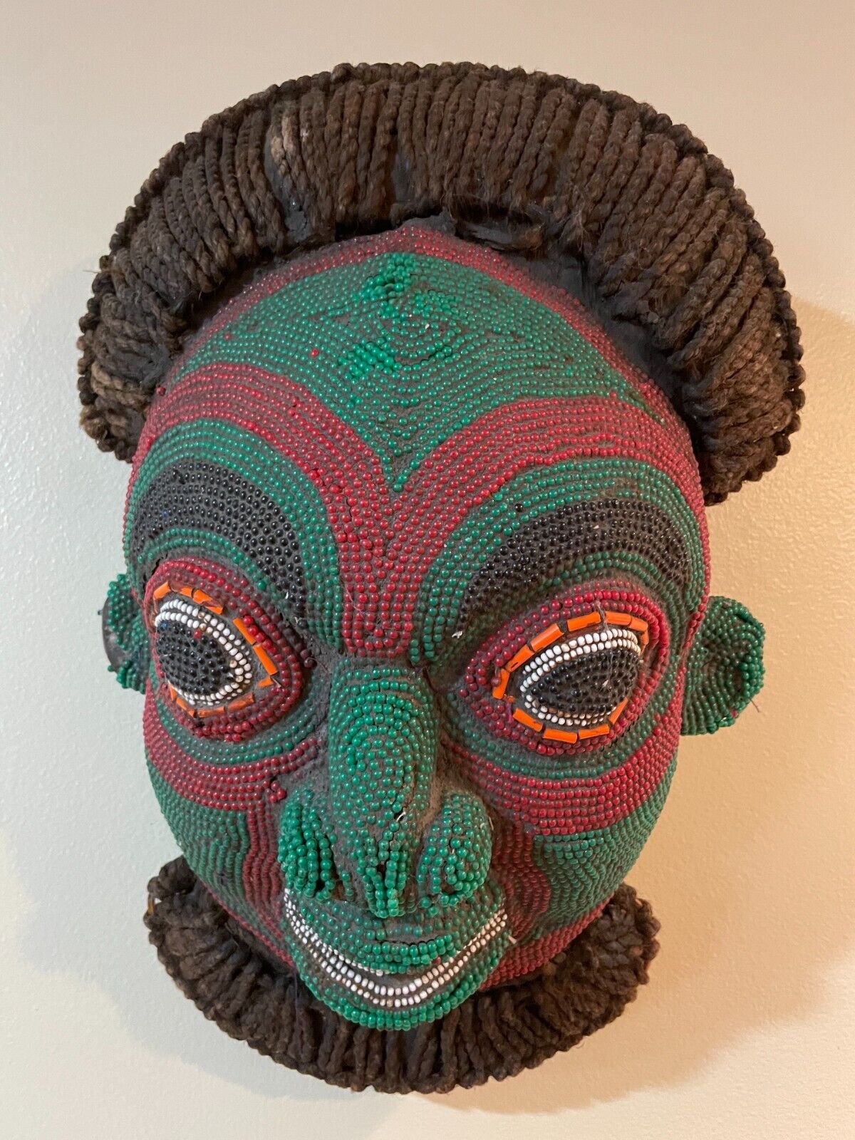 Vintage Authentic African Hand Carved and Beaded Bamileke 14” Mask From Cameroon