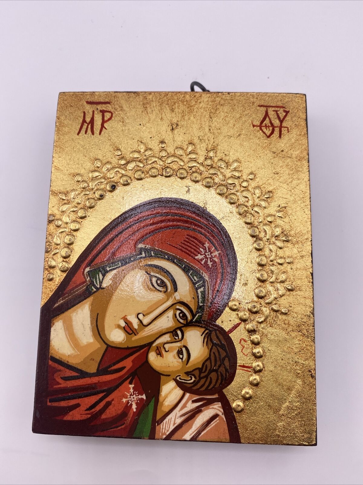 Russian VINTAGE Orthodox Madonna & Child Lacquer Miniature Wall Hanging