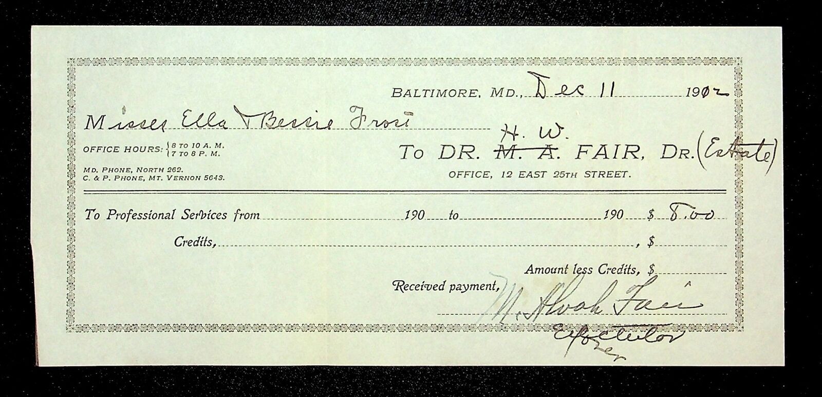 c.1910s DR H.W. FAIR / M.A. FAIR BALTIMORE, MD Ephemera Billhead