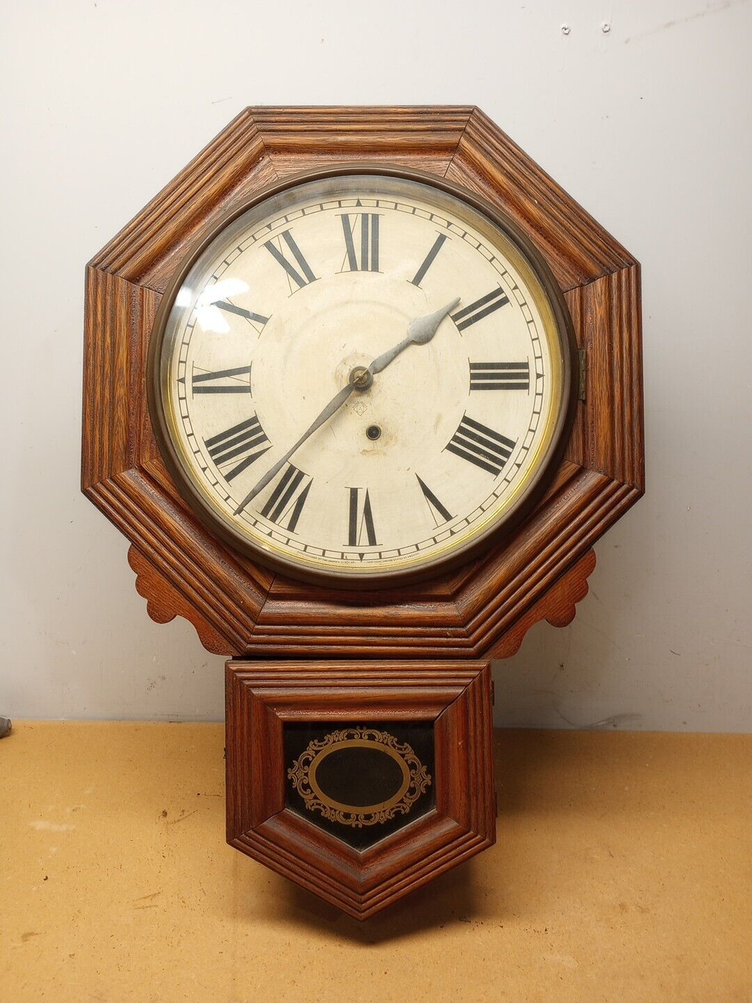 1878 Vintage Antique 8 Day USA ANSONIA Drop Octagon Wall Clock,Oak Case No Key 