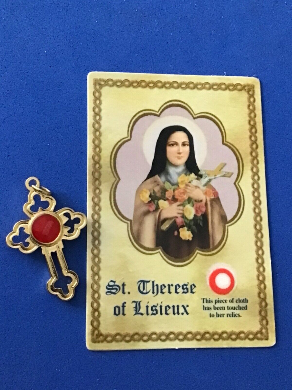 Rare St Therese Relic Cross with Relic Card Healing Gold Plate Italy 