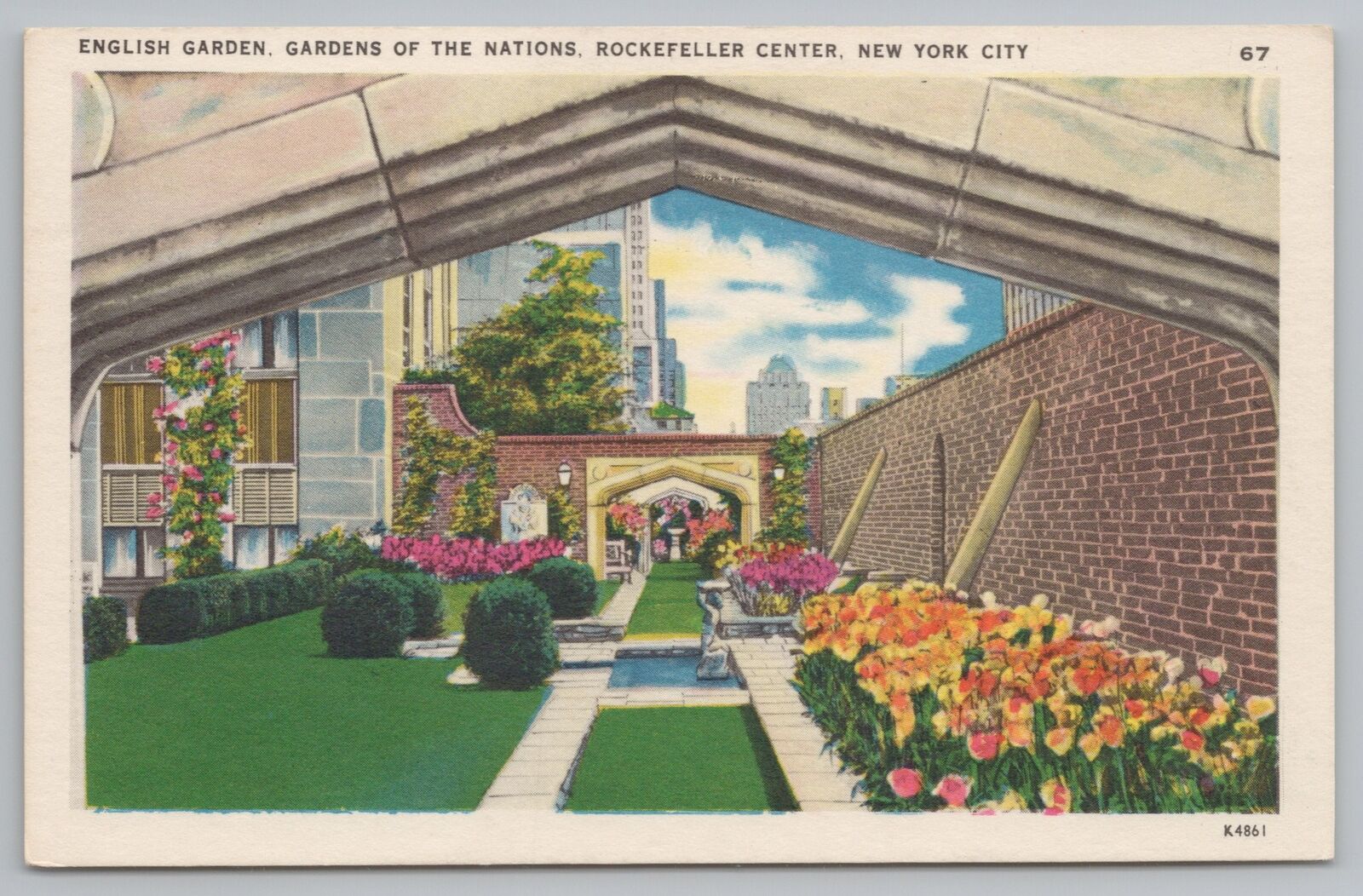 Linen~English Garden~Gardens of Nations Rockefeller Center NYC~Vintage Postcard