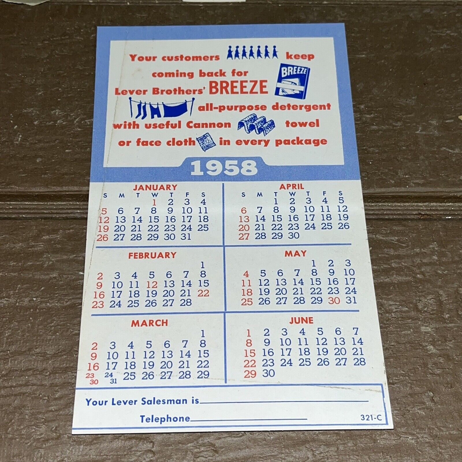 Vintage 1958 Breeze Detergent Soap Salesman  Calendar Lever Bothers Sample