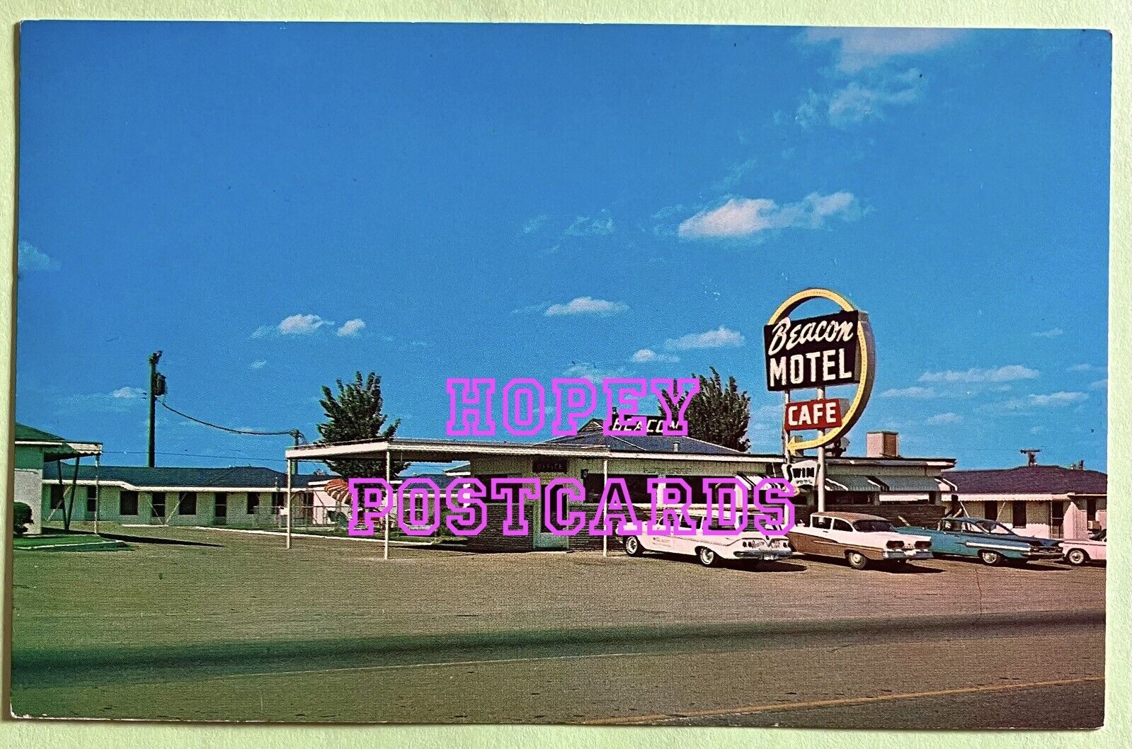 ROUTE 66~ EL RENO, OK ~ BEACON MOTEL & CAFE ~ CARS ~ postcard ~ 1950s
