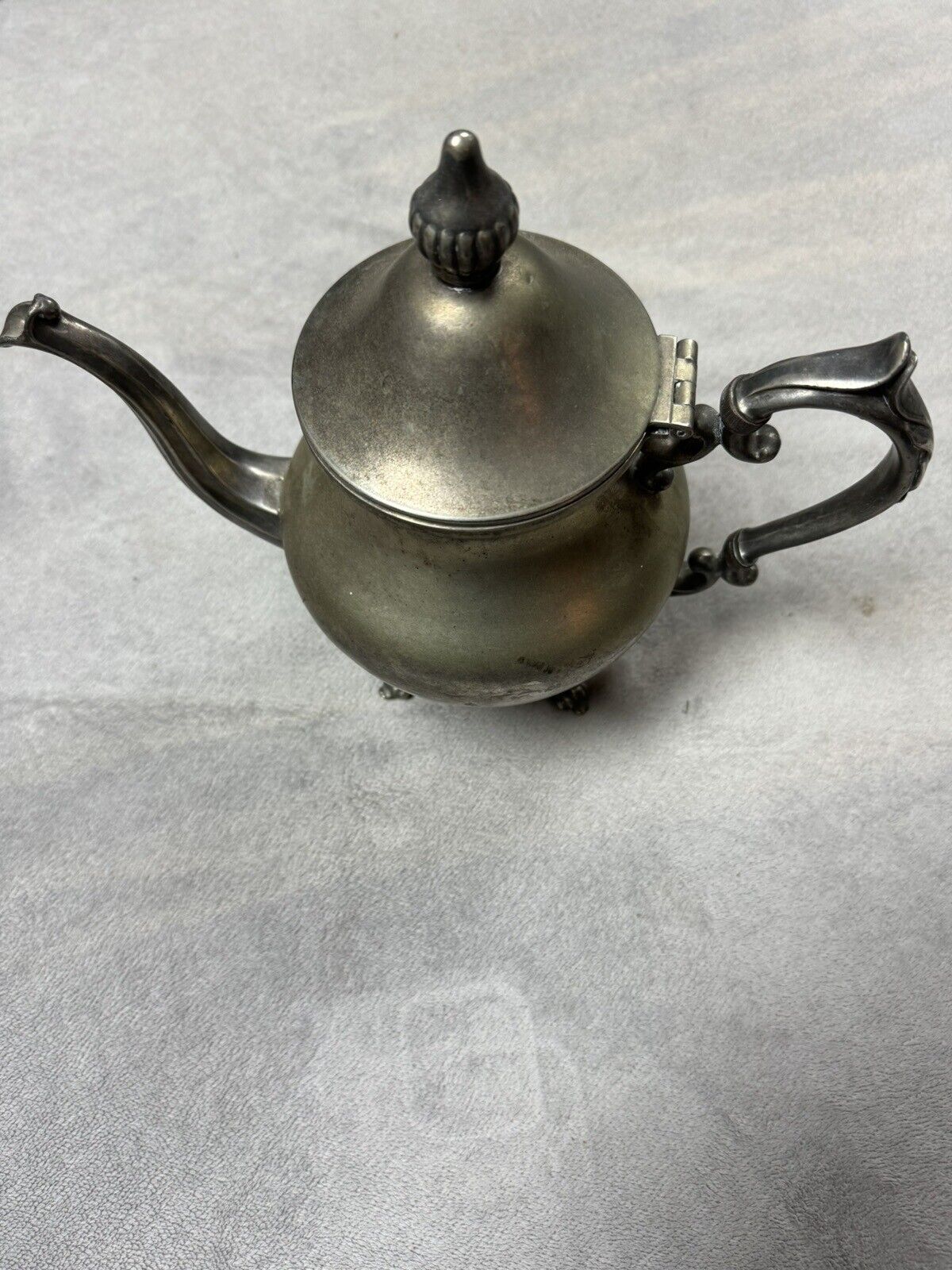 Vintage Antique Elegant Pewter Metal Tea Pot with Hinged Lid 