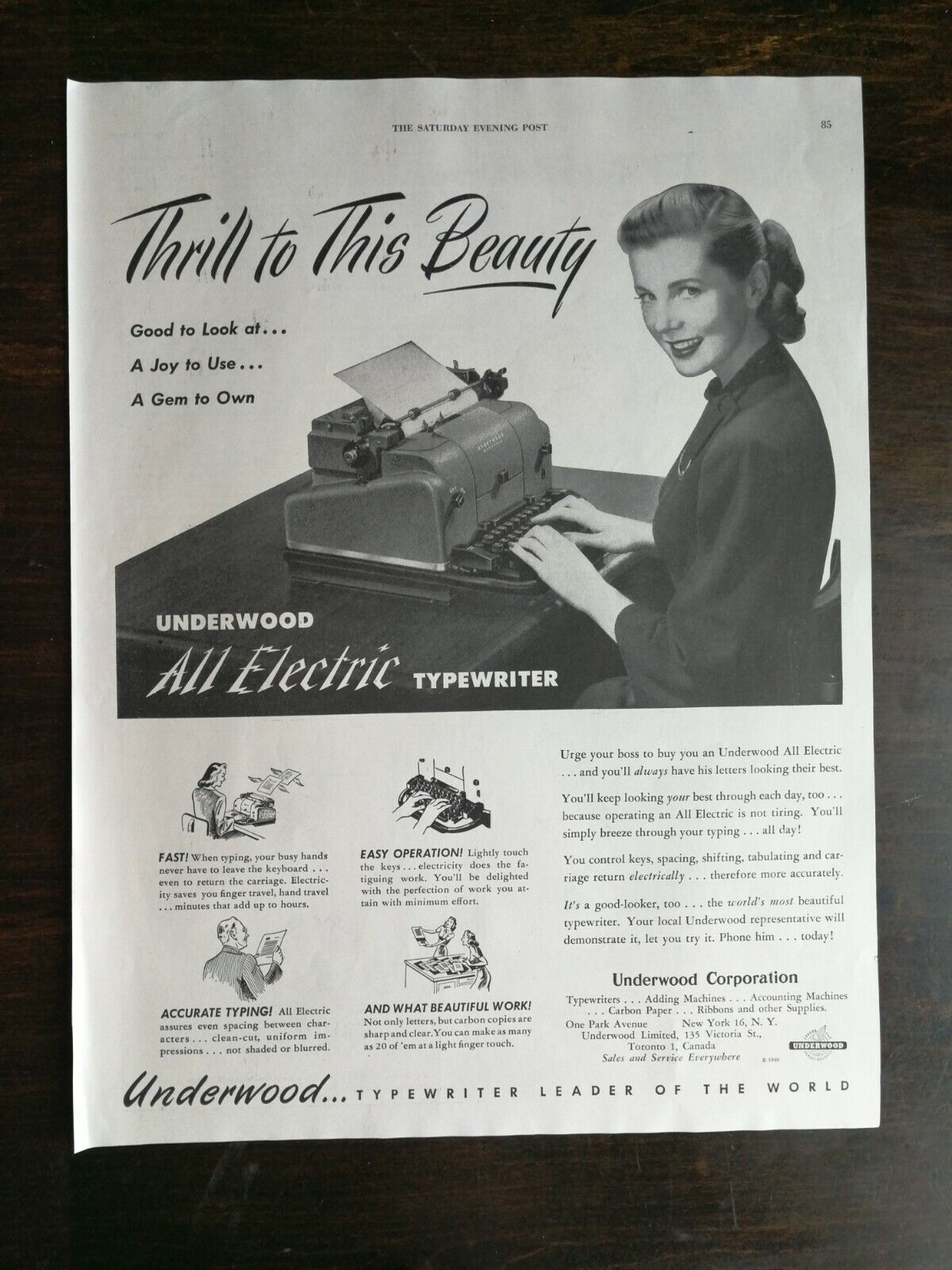Vintage 1948 Underwood All Electric Typewriter Full Page Ad