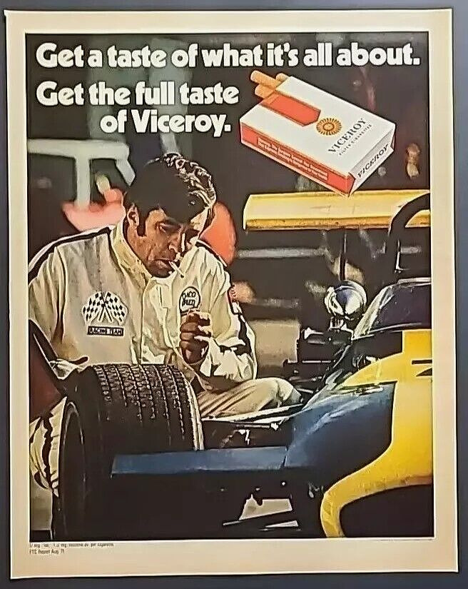 1972 Viceroy Cigarettes Get a taste... Race Car Driver Vtg Magazine Print Ad