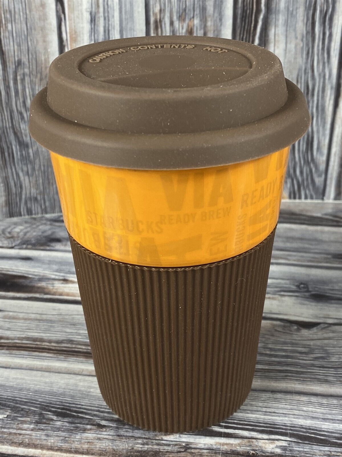 2011 Starbucks VIA Travel Coffee Mug Cup 8 oz w/ Lid & Brown Silicone Sleeve
