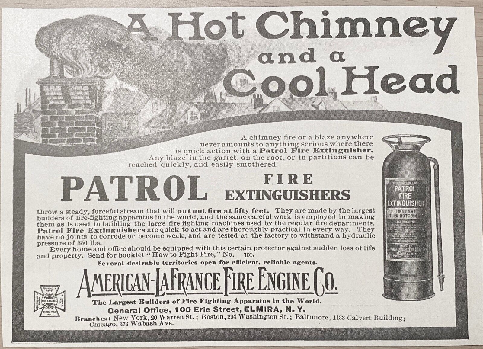 1906 PATROL FIRE EXTINGUISHER Vtg Firefighting Print Ad~\