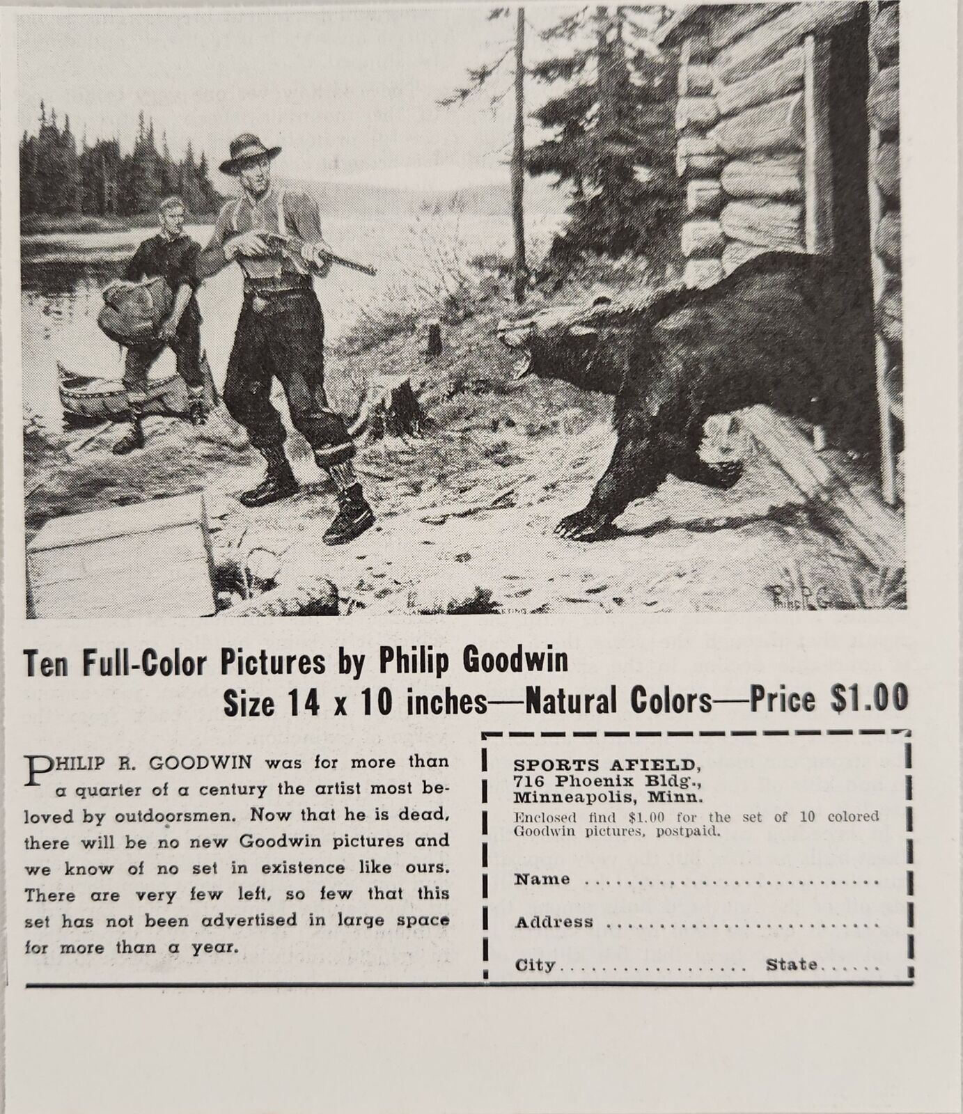 1942 Print Ad Full Color Pictures Offer by Artist Philip Goodwin Hunters & Bear 