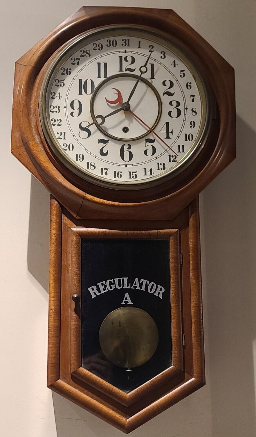 Antique 1800\'s ANSONIA \'Regulator A\' Mahogany Octagon Calendar School Wall Clock