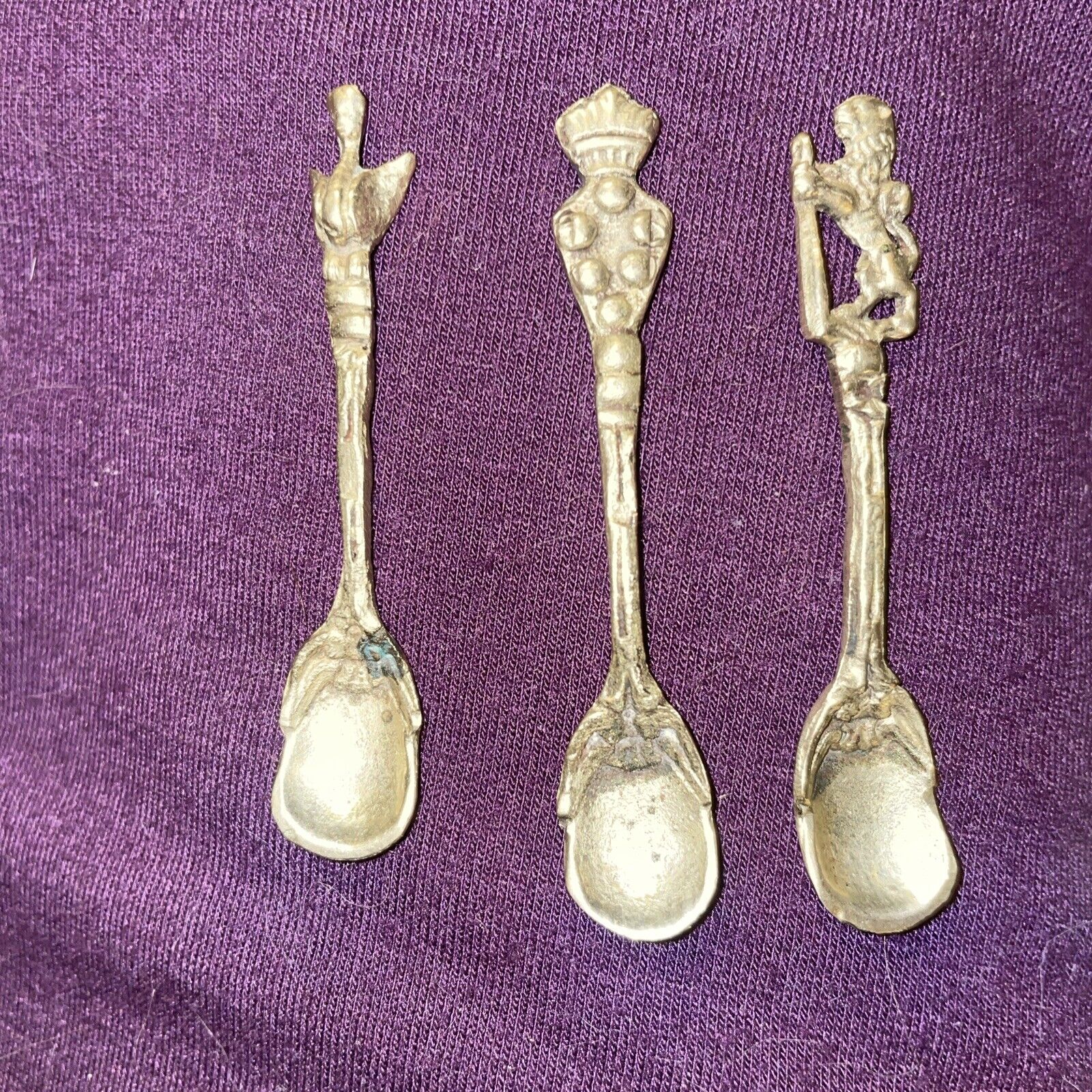 3 Italian Holy Water /Salt Cellar Spoons Rare Unique Authentic Antique Brass