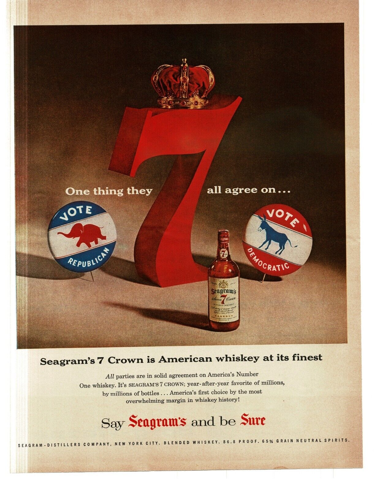 1956 Seagram\'s Seven Crown Whiskey big red 7 political buttons Vintage Print Ad