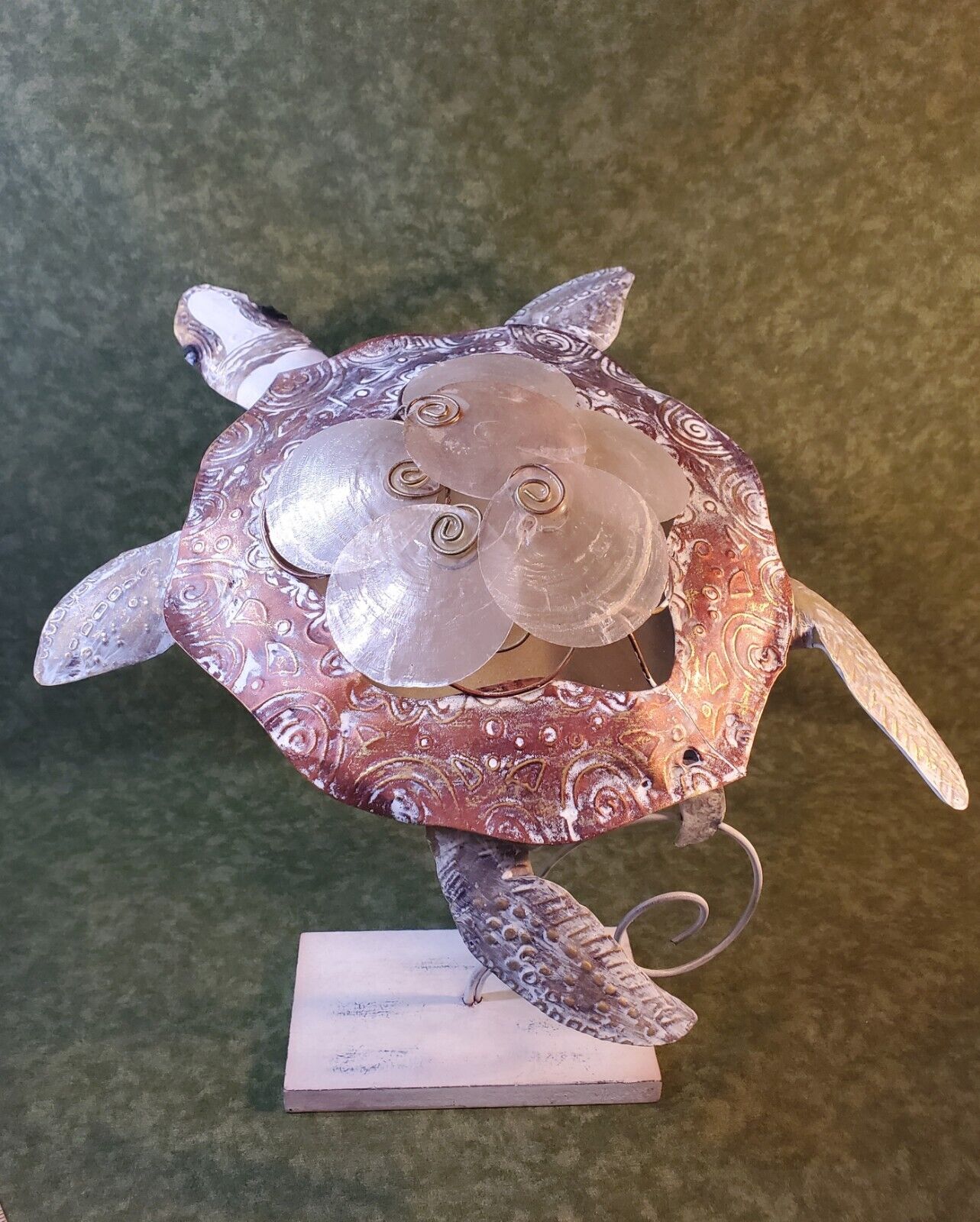 Sea Turtle On Pedestal-Made With Stamped Metal And Capiz. Ocean Coastal Decor