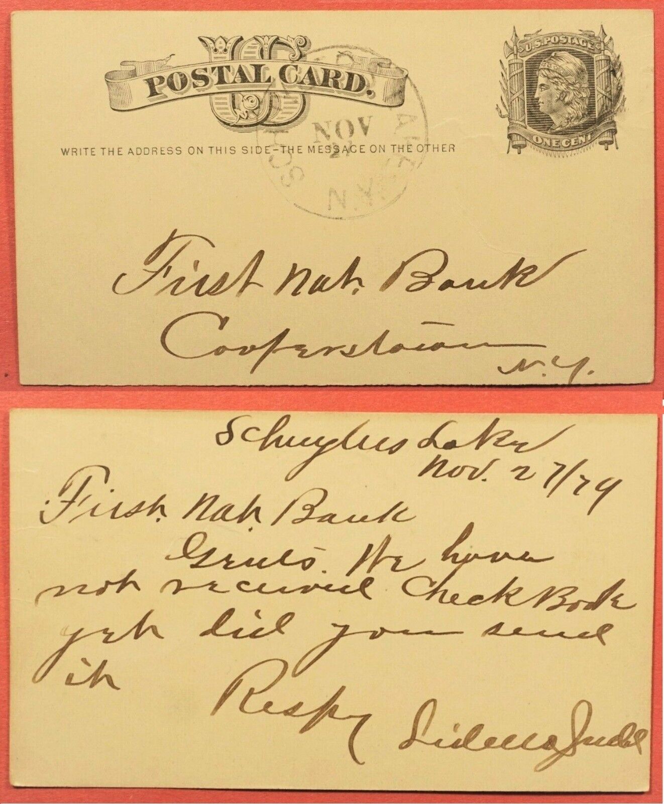 1879 USA POSTAL CARD -  TO FIRST NATIONAL BANK NEW YORK - HAND DATED : NOV 27 79