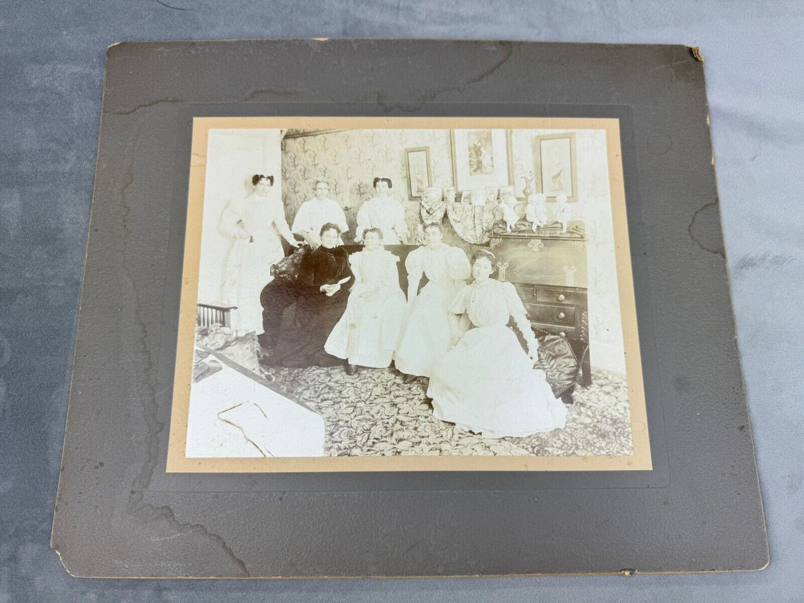 C.1890 Victorian Parlor Photo w/ 7 Women ~ Large Card 14 7/8