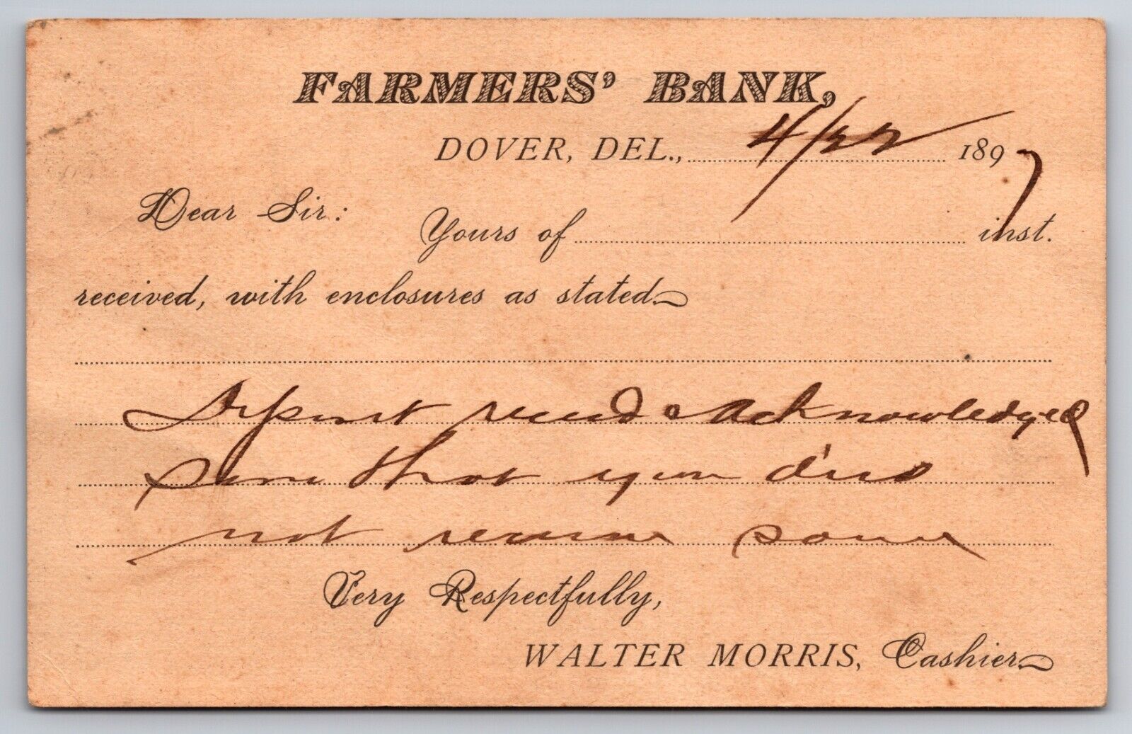 Farmers' Bank Dover Delaware Postal Card from Cashier 1897