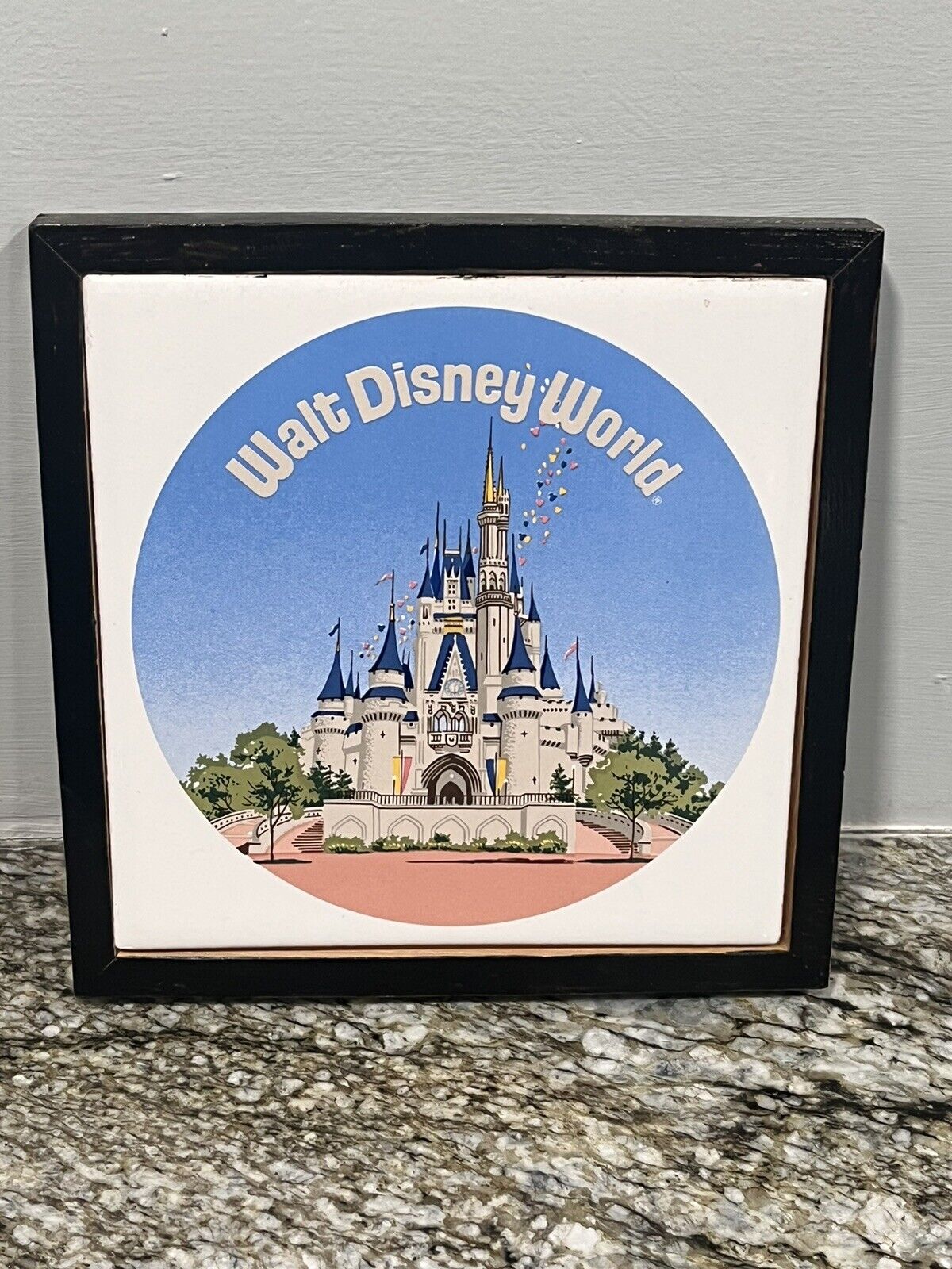 Vintage Walt Disney World Magic Kingdom Park Trivet Tile Wall Decor Wood Frame