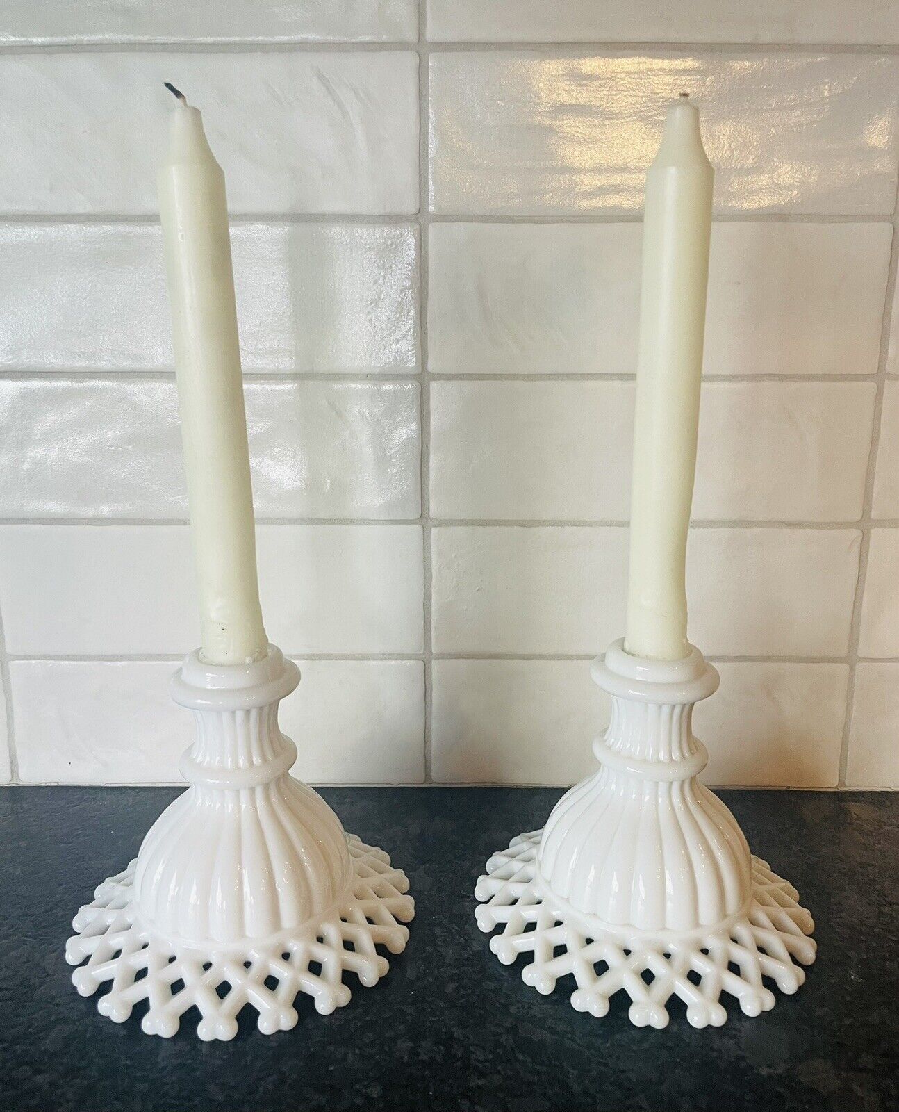 Pair Vintage Westmoreland Doric Milk Glass Open Lace Edge Candle Holders