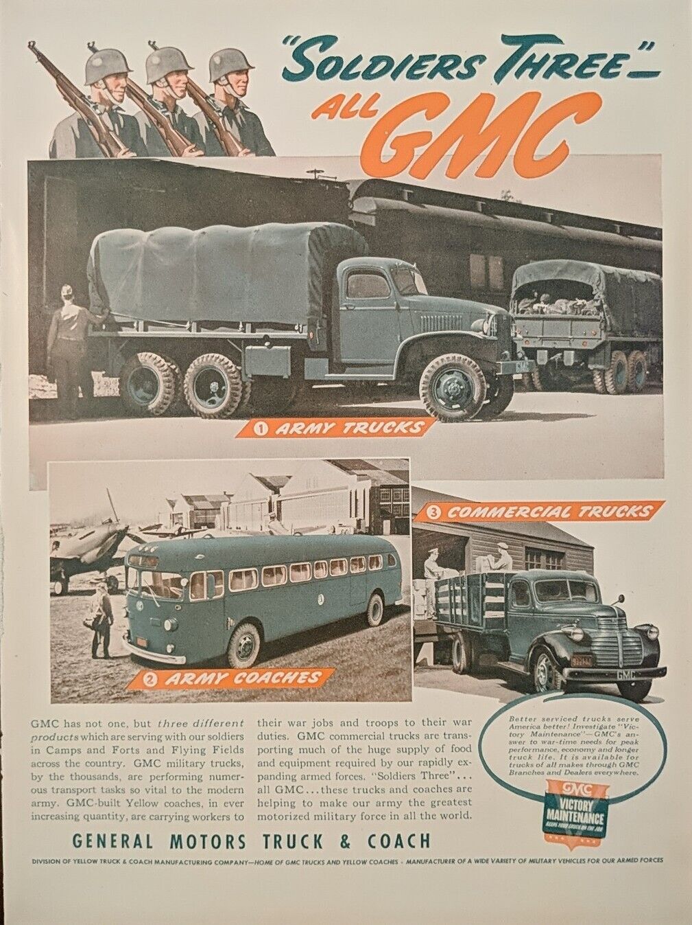 1942 WW2 GMC Army Trucks,Buses For Transport Of Allied Forces Print Ad 