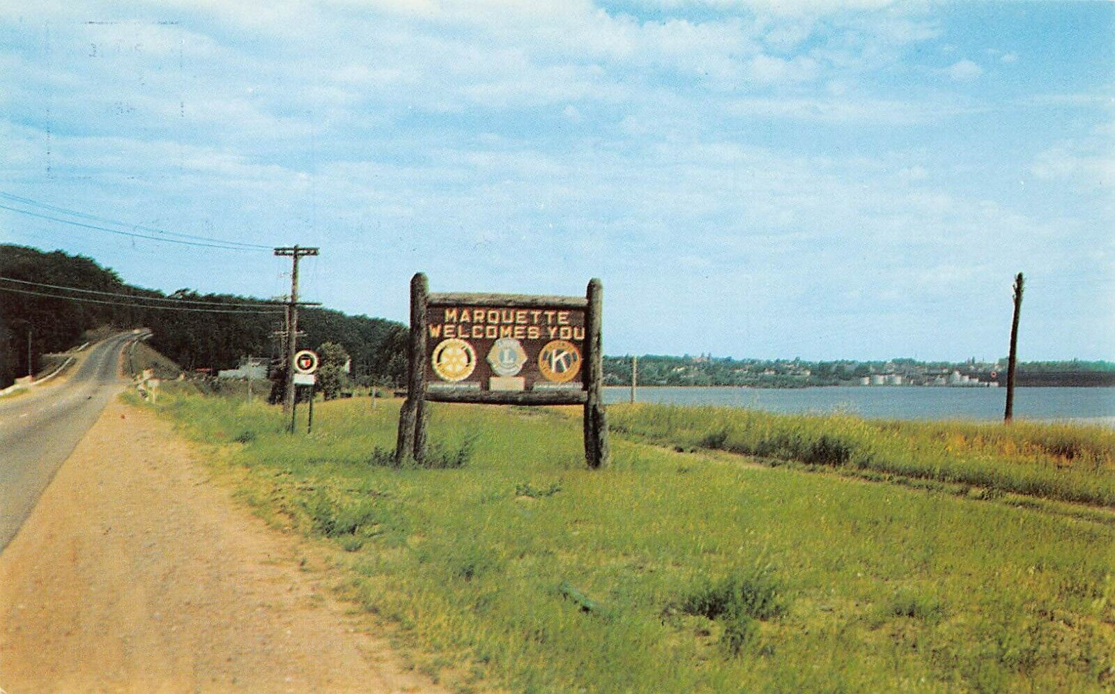 Marquette MI Michigan Entrance Sign Hwy 41 Bay Lake 1950s Vtg Postcard A33
