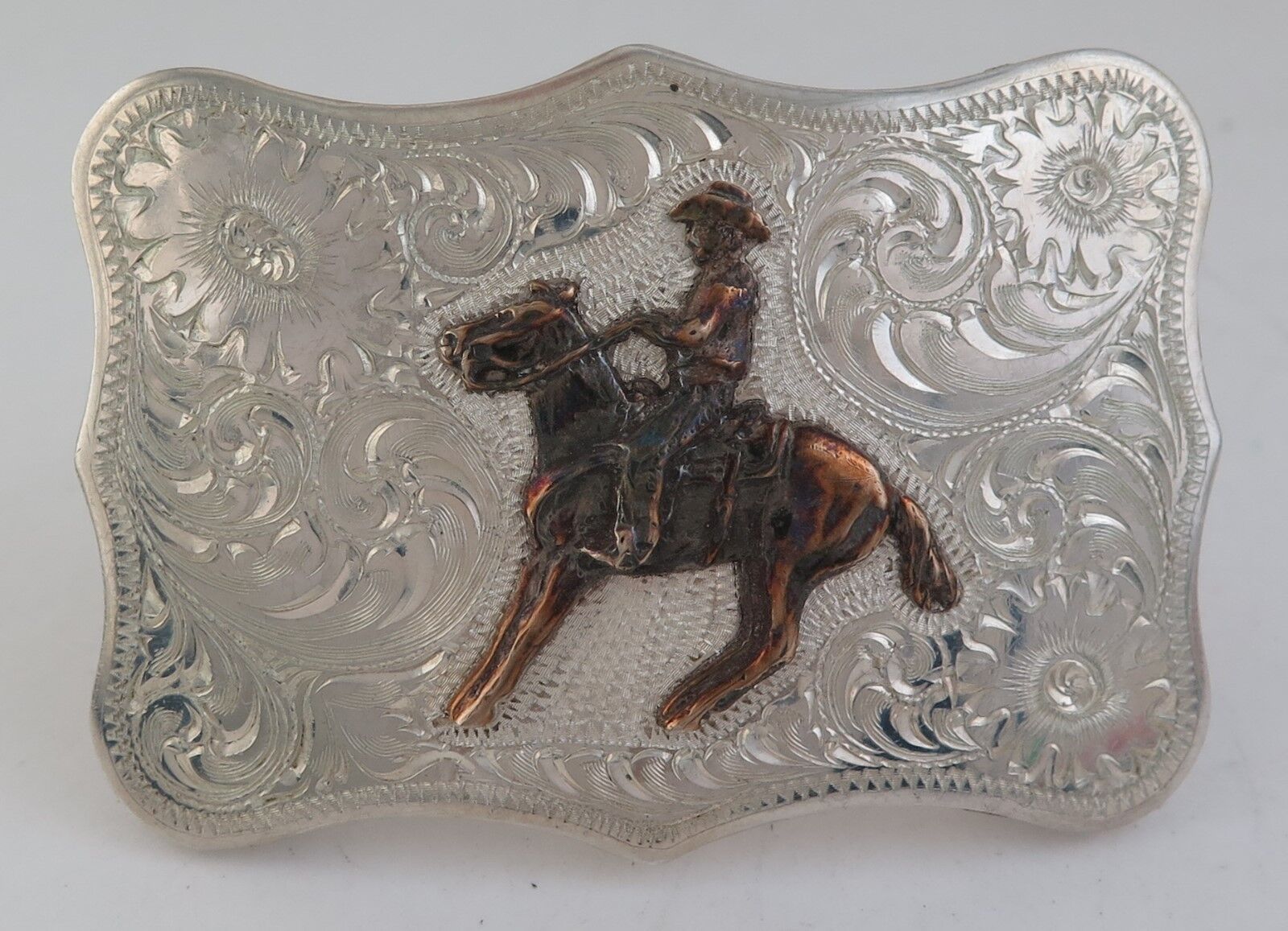 Stunning SSS Sterling Silver Ornately Etched Western Horse Belt Buckle