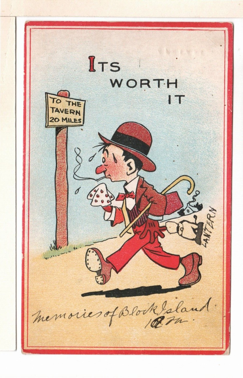1914 Comical Postcard Walking Man Sign 20 Miles To Tavern It's Worth It - PP8
