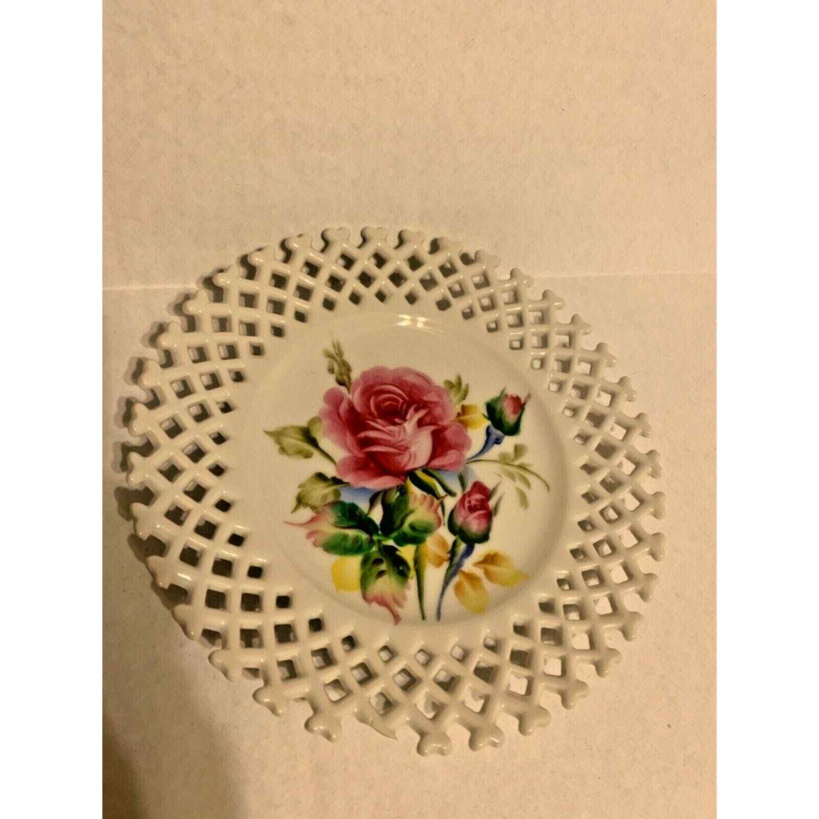 Lefton China Hand Painted Plate White with Roses Flowers Lattice Rim 8.5 inches
