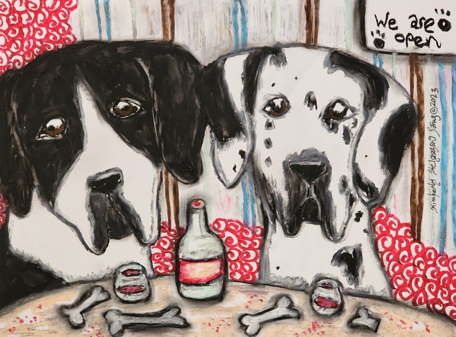 Great Dane at the Bistro Original 9x12 Oil Pastel Painting Dog Art Wine