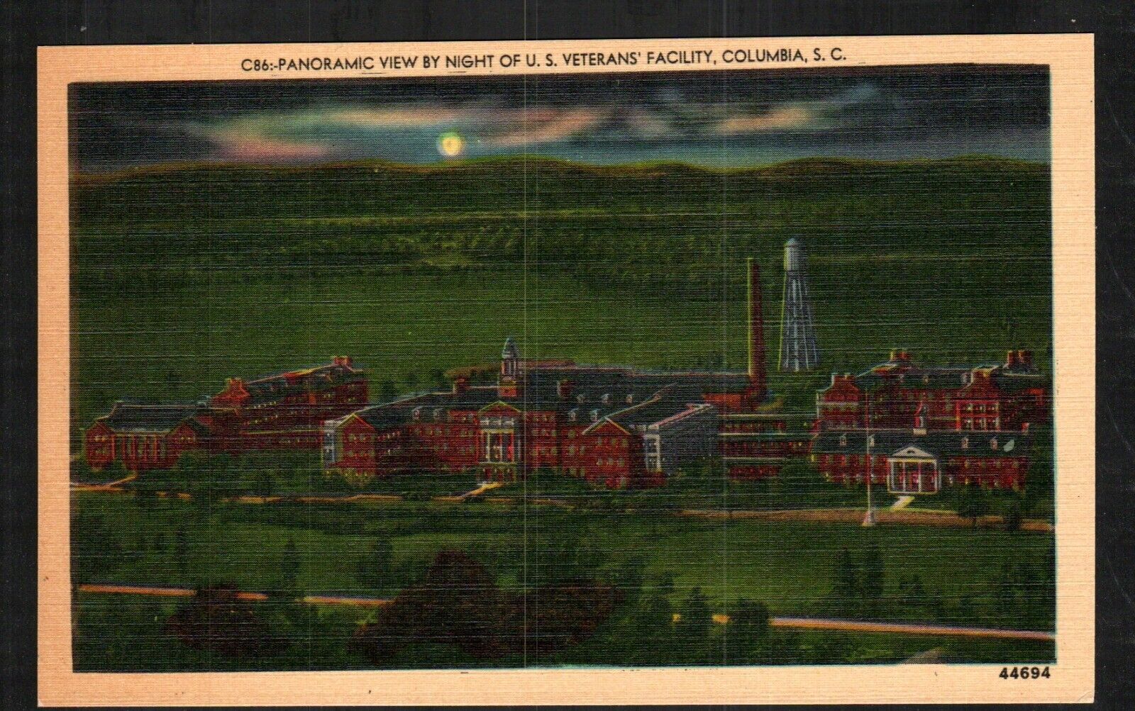 Old Postcard Panoramic Night View US Veterans Facility Columbia SC 1940s