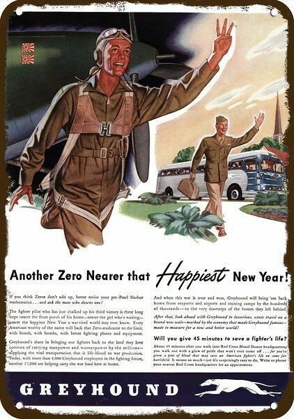 1943 WWII Soldier Pilot & GREYHOUND BUS Vintg-Look DECORATIVE REPLICA METAL SIGN